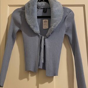 Windsor Light Blue Cardigan with Faux Fur Collar